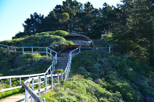 A pathway leads up a hillside with greenery, featuring two rounded structures nestled among trees.