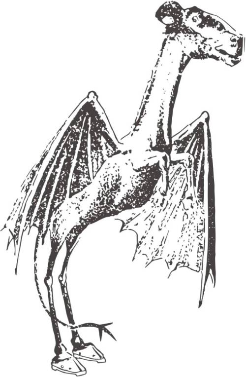 A stylized illustration of a dragon with horse-like features, wings, and hooves, in a vintage black and white design.