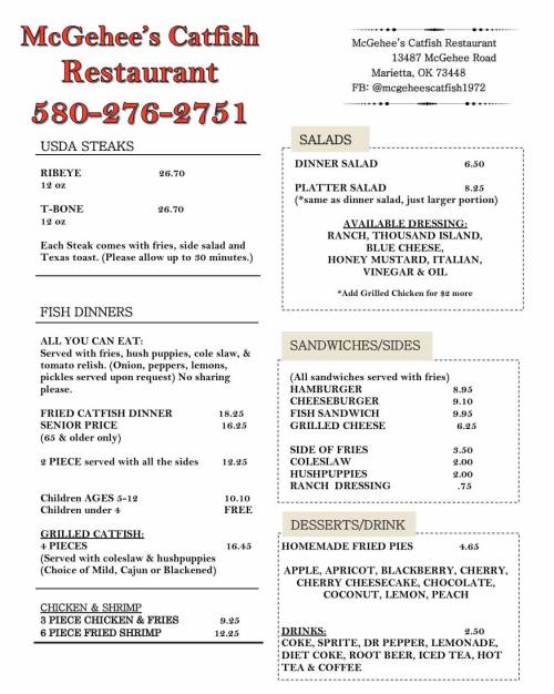 Menu for McGehee's Catfish Restaurant featuring steaks, fish dinners, salads, sandwiches, and drinks with prices.
