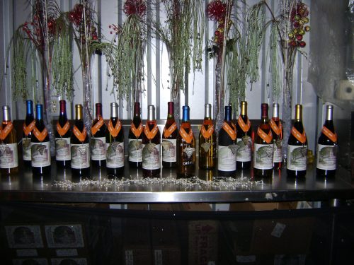 A row of wine bottles with decorative labels and orange ribbons, displayed on a shelf with festive decorations.
