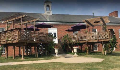 Two elevated wooden decks with purple umbrellas, surrounded by greenery, attached to a brick building.