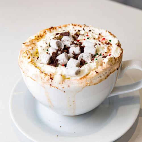 A large cup of hot chocolate topped with whipped cream, chocolate shavings, and mini marshmallows, sitting on a saucer.