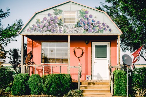 A colorful house with a grape mural, surrounded by greenery and a wooden porch, featuring a satellite dish.
