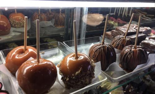 A display of caramel apples and chocolate-covered treats in a glass case, with various toppings and sticks.