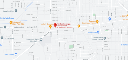 Map showing a street view with locations including Patillo's Barbeque, John's Seafood, and nearby businesses.