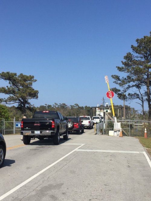 Traffic lined up at a stop sign near a ferry terminal, with trees and a clear blue sky in the background.