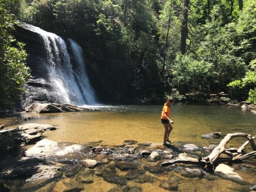 A person in an orange shirt stands on rocks near a serene waterfall and clear pool surrounded by lush greenery.