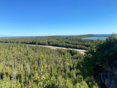 A panoramic view of a lush green forest with a winding road and a lake under a clear blue sky.