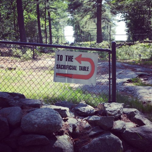 Sign on a fence pointing left, reading "To the Sacrificial Table," surrounded by trees and rocks.