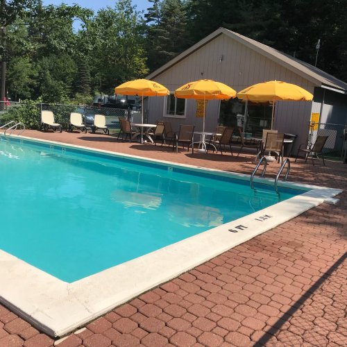 A clear swimming pool with lounge chairs and yellow umbrellas, next to a cozy building surrounded by trees.