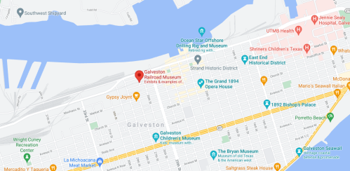 Map of Galveston, Texas, highlighting landmarks like the Railroad Museum and the Strand Historic District.