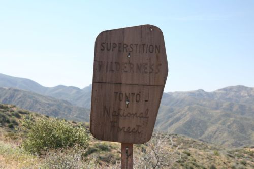 Wooden sign for Superstition Wilderness in Tonto National Forest, with mountains in the background under a clear sky.
