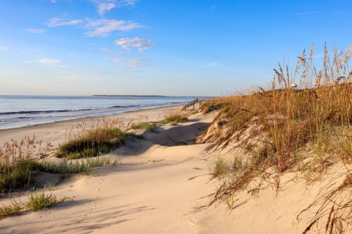 A serene beach scene with soft sand dunes, tall grasses, and calm waves under a clear blue sky.