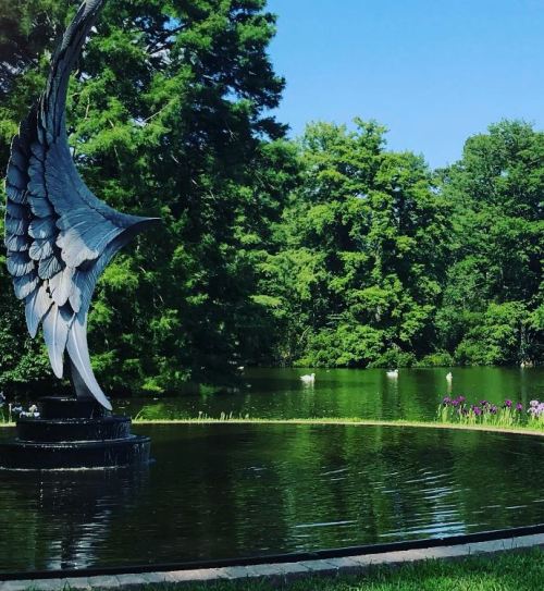 A serene pond surrounded by lush greenery, featuring a decorative winged sculpture.