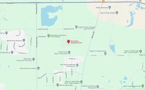 Map showing the location of Richardson Adventure Farm, with nearby roads and landmarks in a rural area.