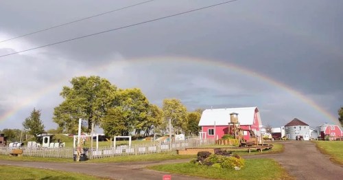 A vibrant rainbow arcs over a farm with red barns and green trees under a cloudy sky.