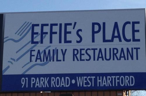 Sign for Effie's Place Family Restaurant, located at 91 Park Road, West Hartford.