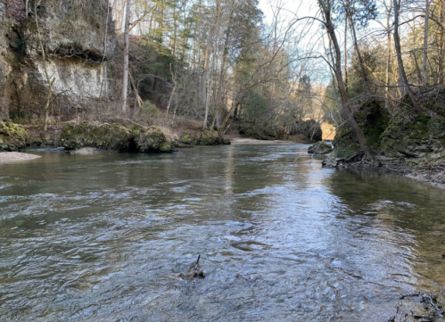 A serene river flows through a wooded landscape, with rocky banks and trees reflecting in the calm water.