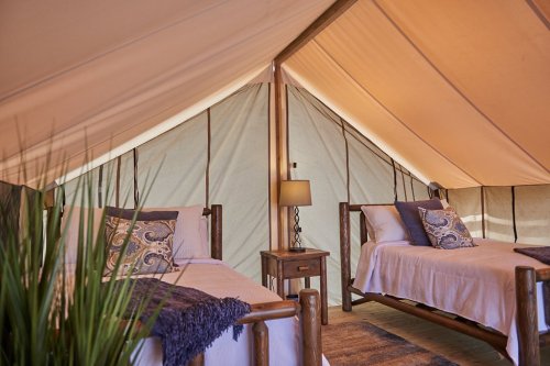 Cozy glamping tent interior with two beds, a nightstand, and soft lighting, surrounded by natural decor.