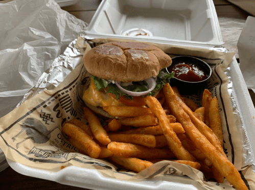 A cheeseburger with lettuce, tomato, and onion, served with crispy fries and a side of ketchup in a takeout container.