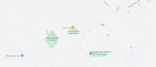 Map showing Natural Bridge Wildlife Ranch, Natural Bridge Caverns, and Bracken Cave Preserve in Texas.