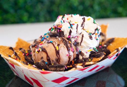 A dessert bowl with chocolate ice cream, whipped cream, chocolate drizzle, sprinkles, and cookie pieces on a waffle shell.