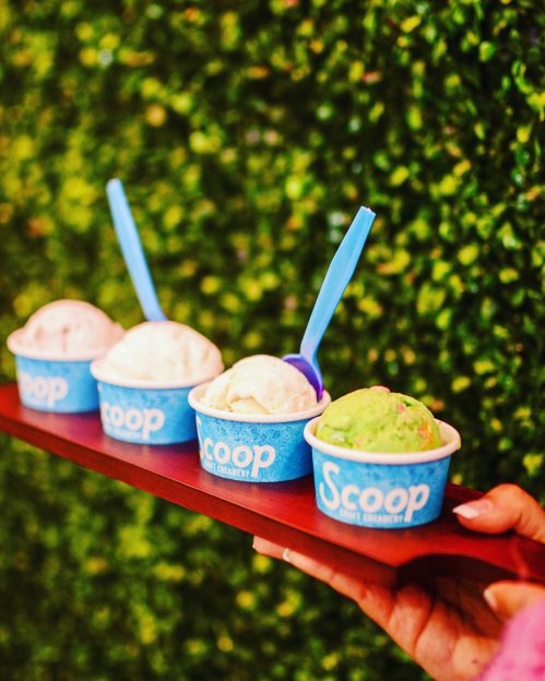 A hand holds a wooden tray with four cups of colorful ice cream against a green backdrop.