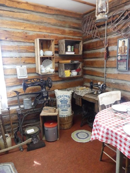 A rustic room with wooden walls, featuring vintage sewing machines, a table with a checkered cloth, and various decor items.