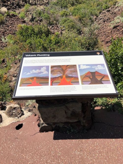 Sign titled "Volcanic Plumbing" with illustrations explaining volcanic structures, surrounded by rocky terrain and greenery.