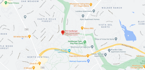 Map showing the location of Phil Hardberger Park Conservancy and nearby landmarks in San Antonio, Texas.