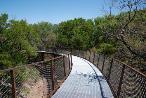 A curved walkway with a metal railing surrounded by lush green trees under a clear blue sky.