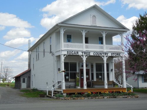 A white two-story building with a porch, labeled "Sugar Tree Country Store," surrounded by flowers and a blue sky.