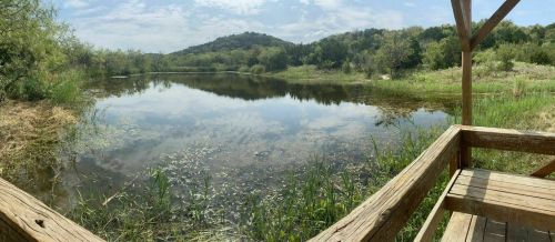 A serene pond surrounded by lush greenery and hills, viewed from a wooden deck.