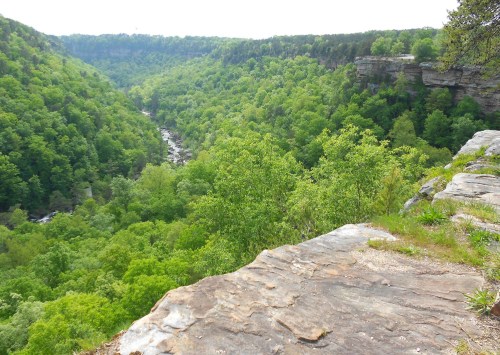 A lush green valley with a river winding through, viewed from a rocky cliff edge.