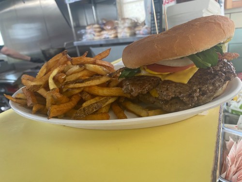 A plate with a large cheeseburger topped with lettuce, tomato, and fries on the side.
