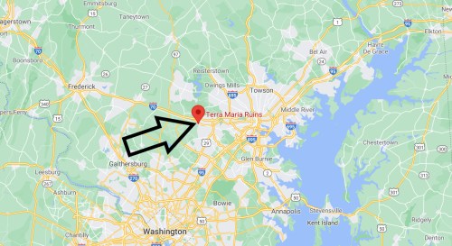 Map highlighting the location of Terra Maria Ruins near Washington, D.C., with an arrow pointing to the site.