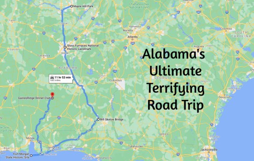 Map showing Alabama's Ultimate Terrifying Road Trip route, highlighting a destination near GainesRidge Dinner Club.
