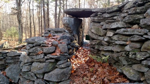 A stone structure in a forest, with a large flat stone resting on top and surrounded by fallen leaves.