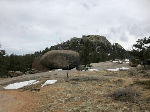 A large boulder on a rocky landscape with sparse trees and patches of snow under a cloudy sky.