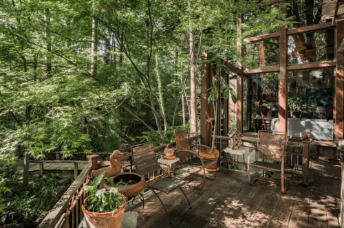 A serene wooden deck surrounded by lush greenery, featuring chairs, potted plants, and a cozy atmosphere.
