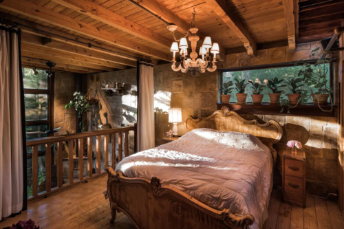 Cozy bedroom with wooden beams, a chandelier, and a large bed, surrounded by plants and natural light.