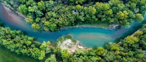 Aerial view of a winding river surrounded by lush green trees and a sandy bank.