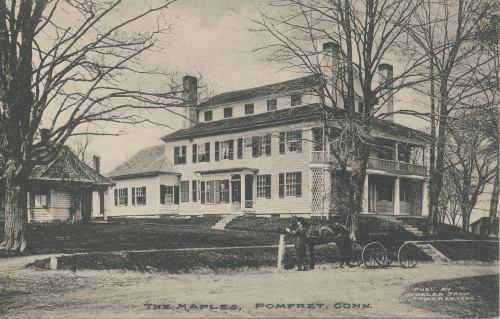 Historic black-and-white postcard of "The Maples" house in Pomfret, Connecticut, featuring a horse-drawn carriage.