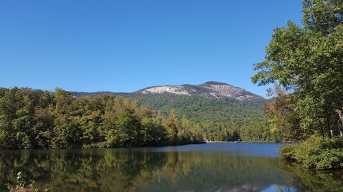 A serene lake surrounded by lush green trees, with a mountain in the background under a clear blue sky.
