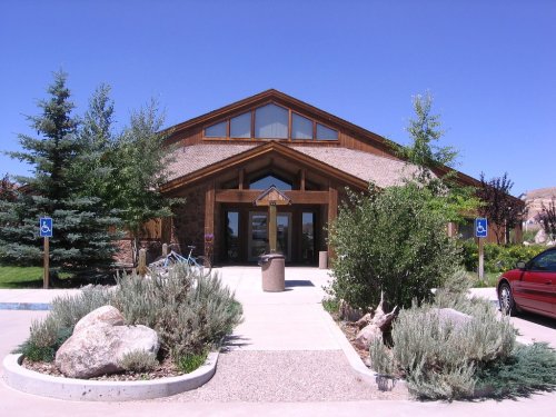 A rustic building with a wooden facade, surrounded by greenery and shrubs, under a clear blue sky.