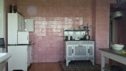 A vintage kitchen featuring pink tiled walls, an old-fashioned stove, and white cabinetry.