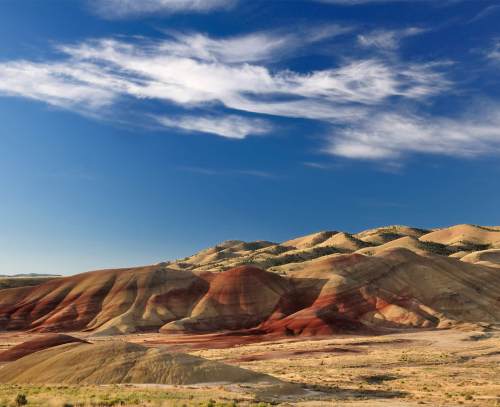 Colorful striped hills under a blue sky with wispy clouds, showcasing vibrant reds, yellows, and browns in a desert landscape.