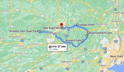 Map showing a route of 181 miles, highlighting Nay Aug Falls, Bushkill Falls, and Ricketts Glen State Park.