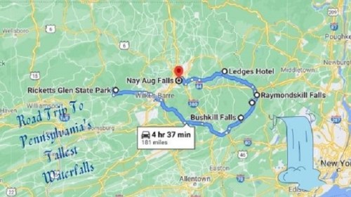 Map showing a road trip route to Pennsylvania's tallest waterfalls, including Nay Aug Falls and Bushkill Falls.