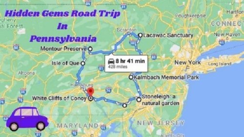 Map of a road trip in Pennsylvania highlighting hidden gems, with a route covering 428 miles and key locations marked.